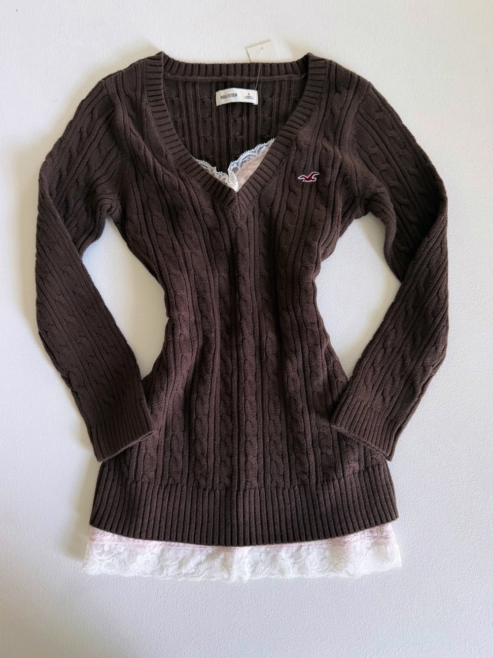 Hollister Brown Cable Knit V-Neck Sweater